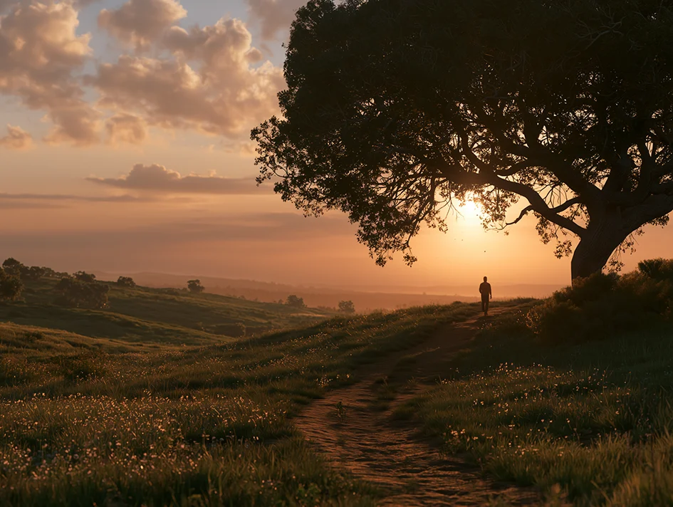 A lone figure walking a country path at sunset beneath a large oak tree, evoking peace and reflection